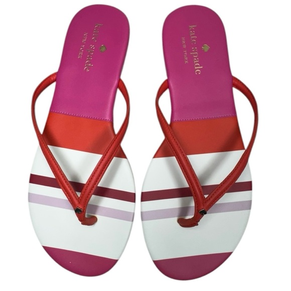 kate spade Pink and Coral Striped Leather Flip Flop Thong Sandals Size 7 - Picture 1 of 13
